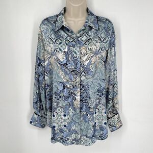Chicos Blue Tapestry Print Woven Pattern Long Sleeve Shirt Sz 1 US 8/10 Blue